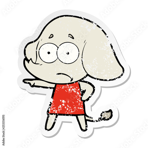 distressed sticker of a cartoon unsure elephant girl pointing