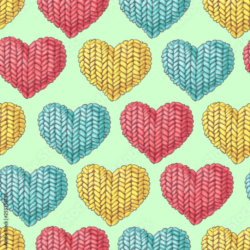 Cute seamless pattern of balls of yarn, buttons, skeins of yarn or knitting and crocheting.