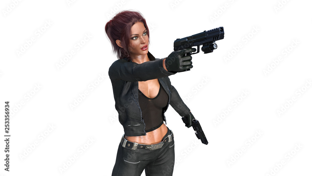 Action girl shooting guns, redhead woman in leather suit holding hand  weapons on white background, 3D rendering Stock Illustration | Adobe Stock