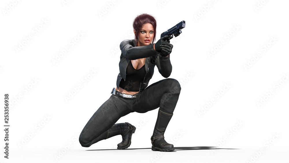 Action girl shooting guns, redhead woman in leather suit with hand weapons crouching on white background, 3D rendering Action girl shooting guns, redhead woman in leather suit with hand weapons crouching on white background, 3D rendering