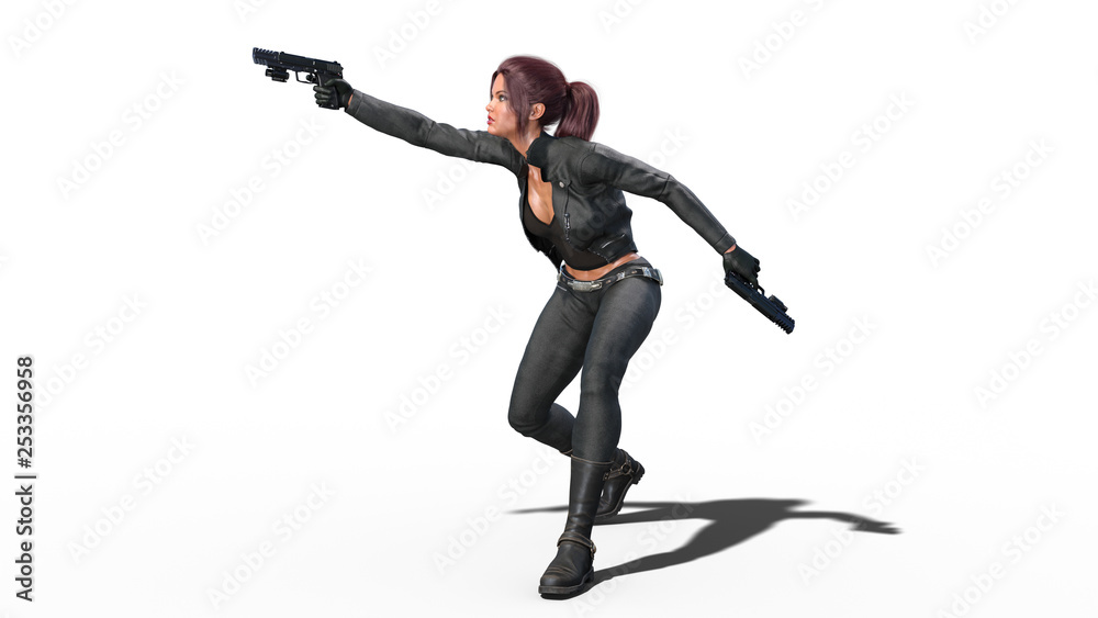 Action girl shooting guns, redhead woman in leather suit with hand weapons isolated on white background, side view, 3D rendering