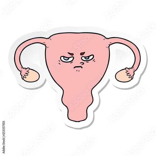 sticker of a cartoon angry uterus