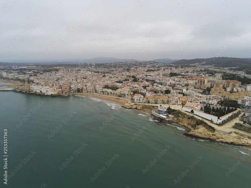 Sitges by Drone. Aiguadolc harbor. Barcelona. Spain. Aerial photo