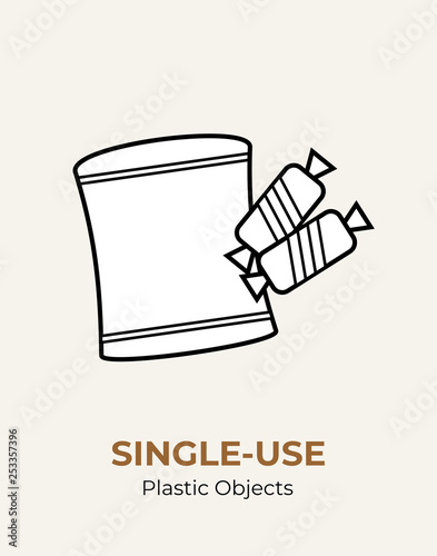 Single-use plastic crisps pouch and candy wrap. Vector illustration of recycling plastic. Isolated wrap pack pouch. Flat logo for ecological poster, postcard, banner, pollution and environment concept