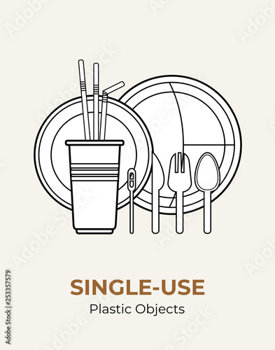 Plastic spoon, fork, knife, stirrer, straws, plates, cup. Single-use white plastic cutlery vector illustration set. Food plastic cutlery flat logo for ecological poster, pollution environment concept.