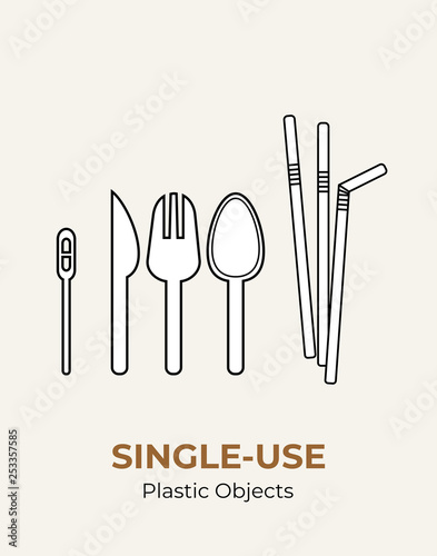 Spoon, fork, knife, stirrer, straws. Single-use plastic cutlery. Vector illustration set of recycling plastic items. Food plastic cutlery flat logo for ecological poster, pollution environment concept
