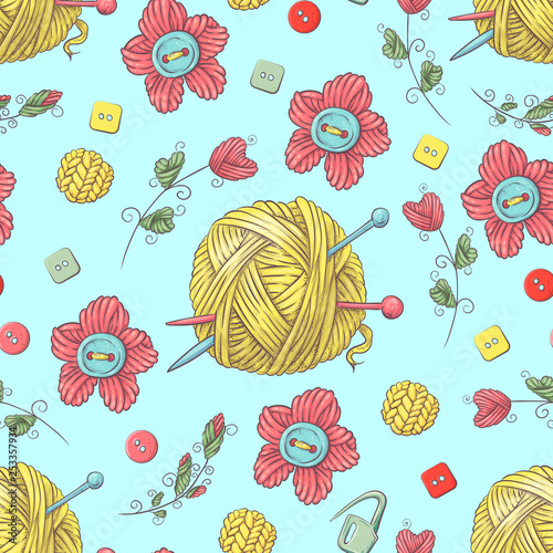 Cute seamless pattern of balls of yarn, buttons, skeins of yarn or knitting and crocheting.