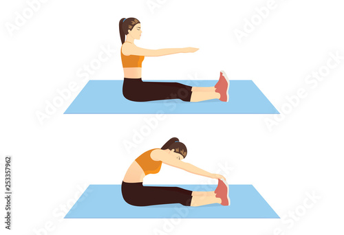 Woman doing Stretch Exercise with Toe Touch while sitting on blue mat in 2 step. Illustration about warm up and cool down and workout.