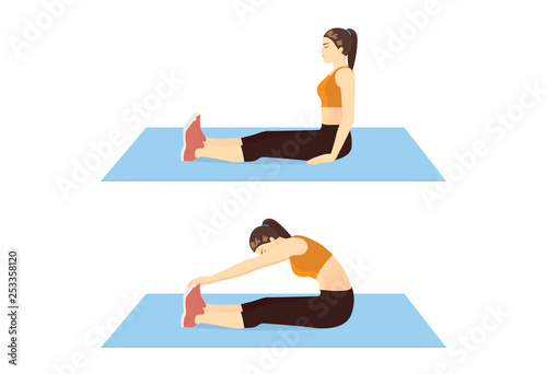 Woman doing Seated Toe Touch Stretch Exercise on blue mat in 2 step. Illustration about warm up and cool down and workout.