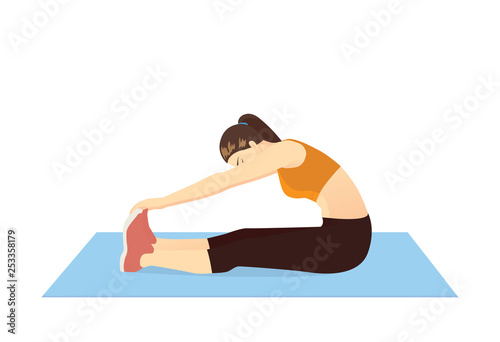 Woman doing seated Toe Touch Stretch Exercise on blue mat. Illustration about warm up and cool down and workout.