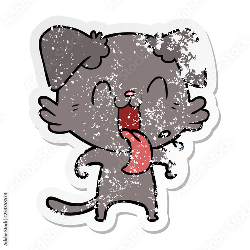 distressed sticker of a cartoon panting dog