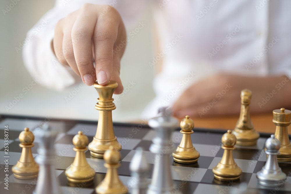 business administrator with chess board game, strategy and competition.