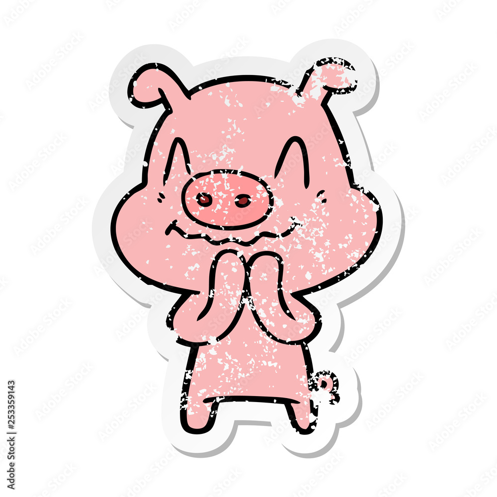 distressed sticker of a nervous cartoon pig distressed sticker of a nervous cartoon pig