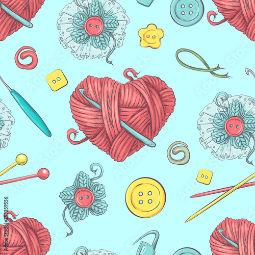 Cute seamless pattern of balls of yarn, buttons, skeins of yarn or knitting and crocheting.