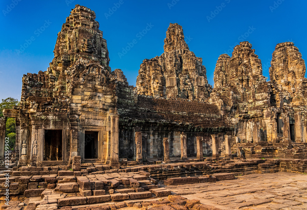 Bayon temple in Angkor Thom, Cambodia: first enclosure wall, galleries and face towers.