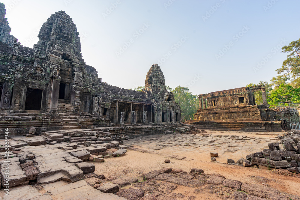 Bayon temple in Angkor Thom, Cambodia: first enclosure wall, galleries, face towers and library