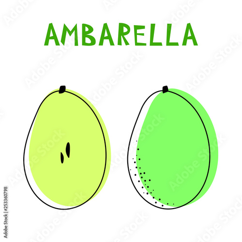 Set of two isolated ambarellas. Vector drawing of rare topucal exotic fruit - ambarella. Spondias dulcis, mombin, pomme cythere, polynesian-plum, yellow plum, otaheite-apple, tahitian quince.