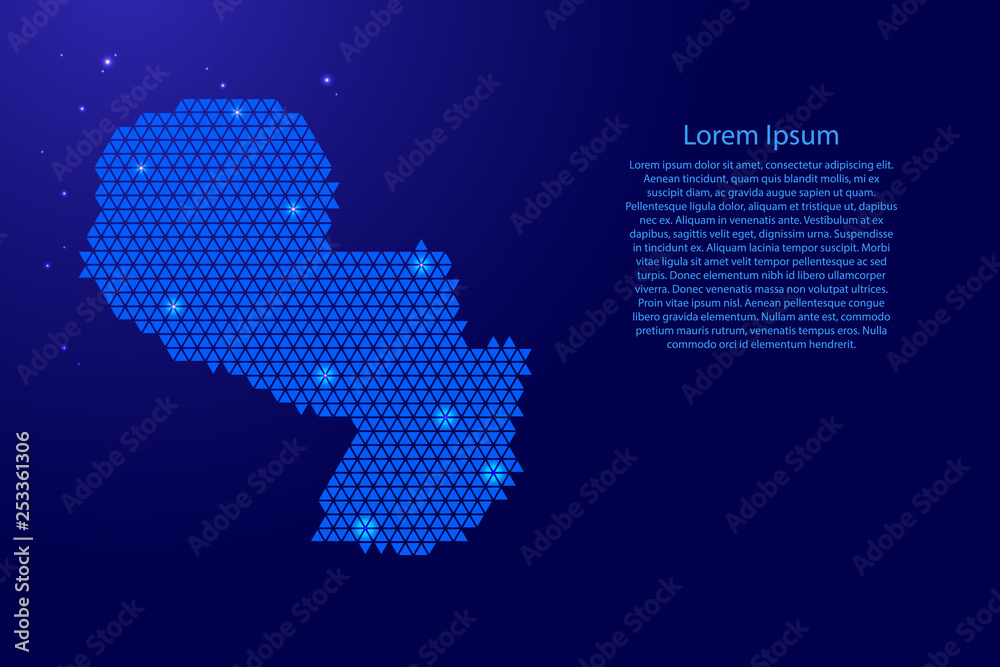Paraguay map abstract schematic from blue triangles repeating pattern geometric background with nodes and space stars for banner, poster, greeting card. Vector illustration.