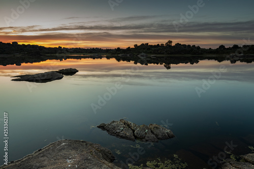 Landscape at sunrise in the Natural Area of Barruecos. Extremadura. Spain.