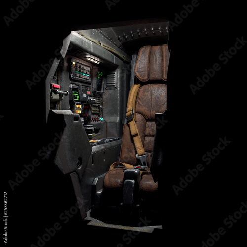 Fototapeta Naklejka Na Ścianę i Meble -  Science fiction pilot's seat in the cockpit. Futuristic spaceship cockpit. Old brown leather pilot seat with yellow safety belts. Sci-fi space fighter craft cockpit. Mech Pilot's seat. 3d rendering.
