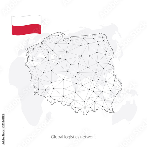 Global logistics network concept. Communications network map Poland on the world background. Map of Poland with nodes in polygonal style and flag. Vector illustration EPS10. 