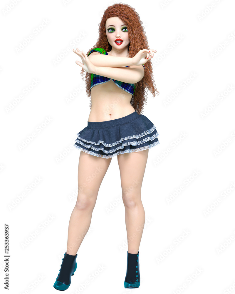 3D sexy cowboy girl doll big blue eyes bright makeup.Woman retro style cage top and short skirt.Country style.Conceptual fashion art.Seductive candid pose.Realistic render illustration. 3D sexy cowboy girl doll big blue eyes bright makeup.Woman retro style cage top and short skirt.Country style.Conceptual fashion art.Seductive candid pose.Realistic render illustration.