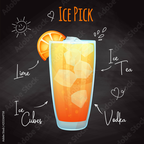 Simple recipe for an alcohol cocktail Ice Pick. Drawing chalk on a blackboard. Vector