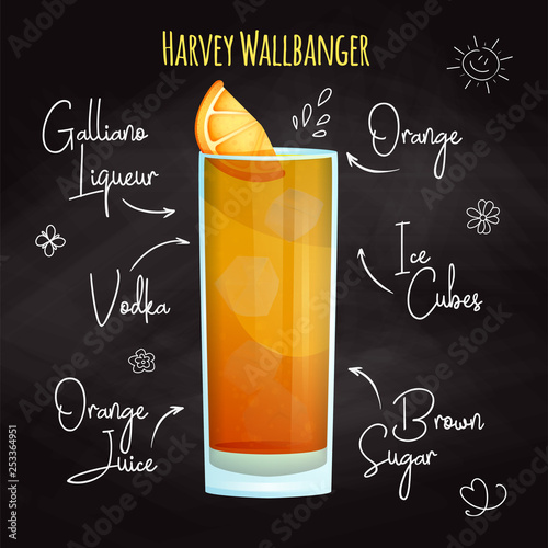 Simple recipe for an alcoholic cocktail Harvey Wallbanger. Drawing chalk on a blackboard. Vector