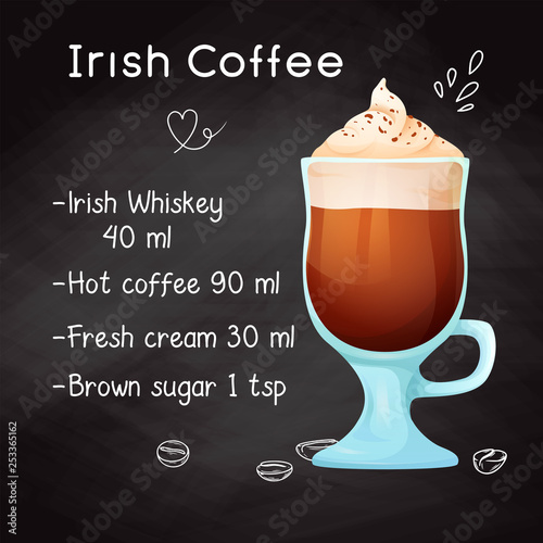 Simple recipe for an alcoholic cocktail Irish Coffee. Drawing chalk on a blackboard. Vector