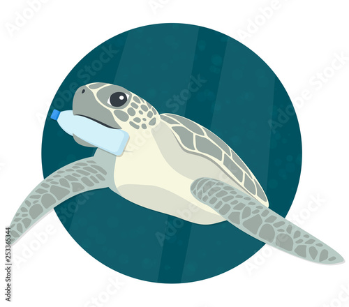 Meeresschildkröte frisst Plastik Schildkröte mit Plastik Flasche im Maul Flat Design Icon