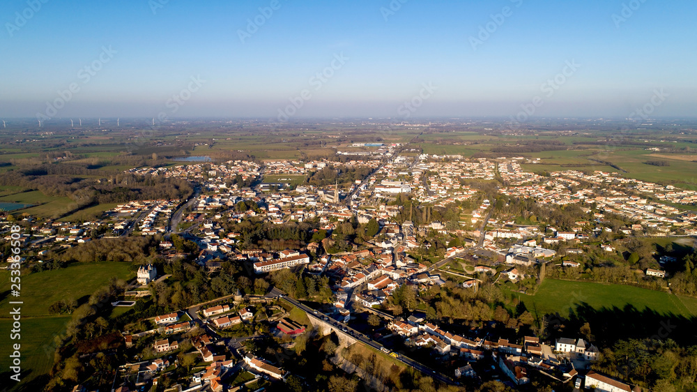 Aerial photo of Rocheserviere in Vendee, at sunset Aerial photo of Rocheserviere in Vendee, at sunset