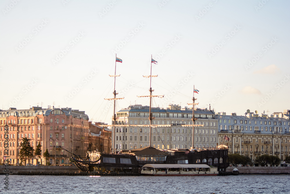 View of buildings, streets, bridges, rivers and canals of St. Petersburg, Russia.