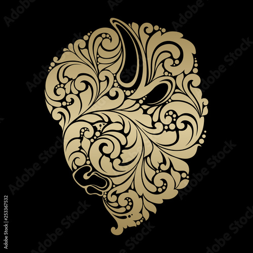 Decorative ornamental bison buffalo  with a gold floral pattern on a black background.