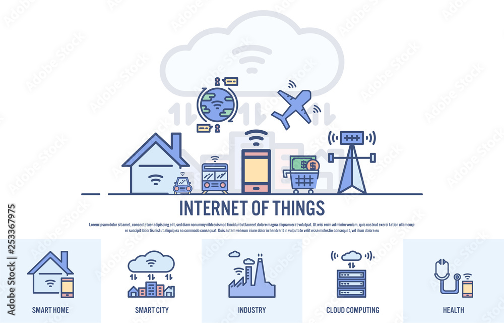 Web design template with filled line icons of internet of things concept - Vector illustration.