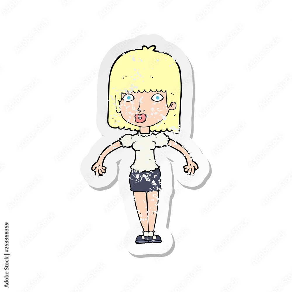 retro distressed sticker of a cartoon woman shrugging shoulders retro distressed sticker of a cartoon woman shrugging shoulders