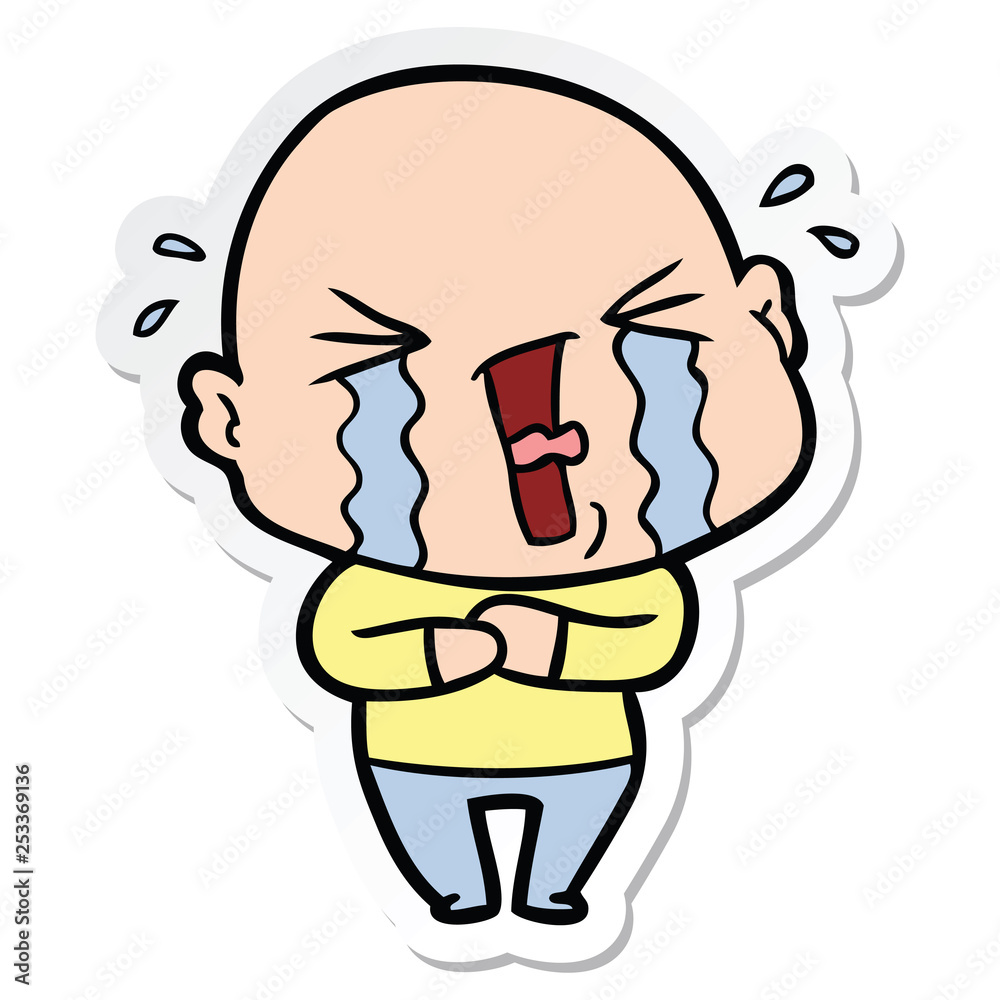 sticker of a cartoon crying bald man sticker of a cartoon crying bald man