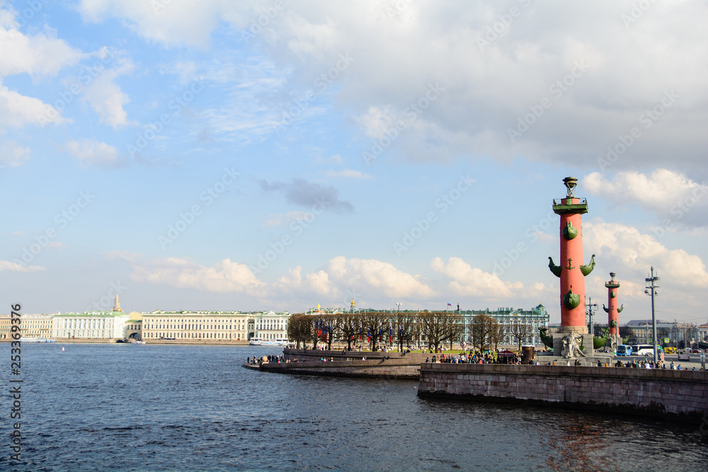 View of buildings, streets, bridges, rivers and canals of St. Petersburg, Russia.