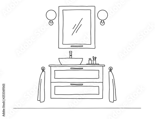 Sketch the bathroom. Bathroom furniture and washbasin.