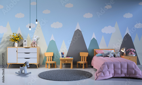 Child bedroom interior at night, 3D rendering