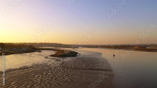 Aerial sequence tracking the River Chelmer near Maldon in Essex and featuring the Statue of Byrhtnoth who was Ealdorman of Essex and died 11 August 991 at the Battle of Maldon. 