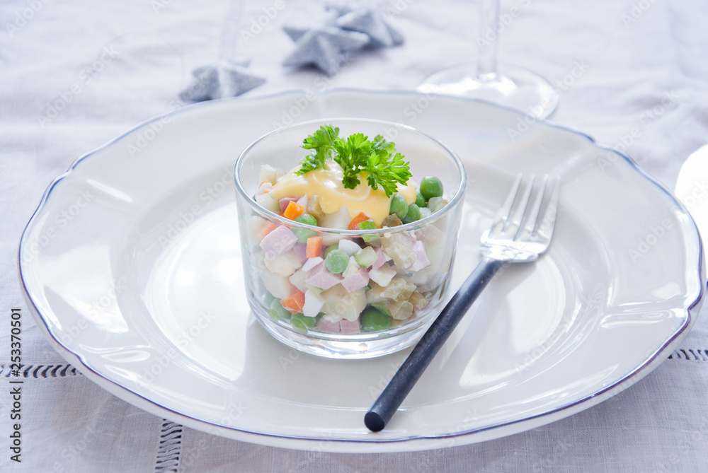 Russian traditional homemade New Year salad olivier Russian traditional homemade New Year salad olivier