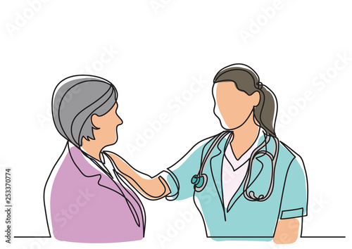 continuous line drawing of doctor and woman patient talking