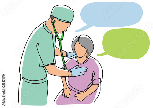 continuous line drawing of doctor examining female patient