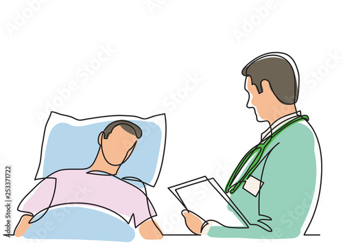 continuous line drawing of doctor talking with patient lying in bed