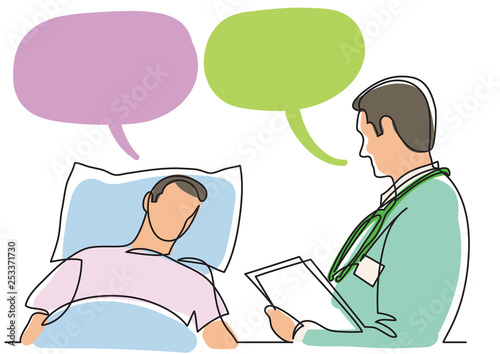 continuous line drawing of doctor talking with patient lying in bed