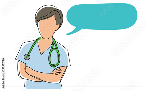 continuous vector line drawing of female doctor with crossed arms