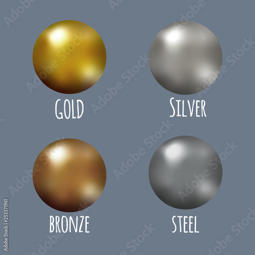 Set of realistic gold, silver, bronze and steel spheres, vector golden balls.