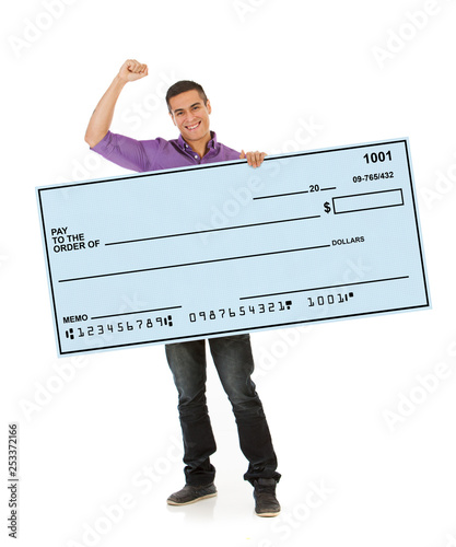 Photography Man Cheering And Holding Up Giant Blank Check