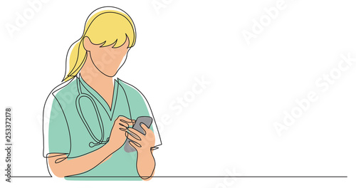 one line vector drawing of hospital nurse checking her mobile phone