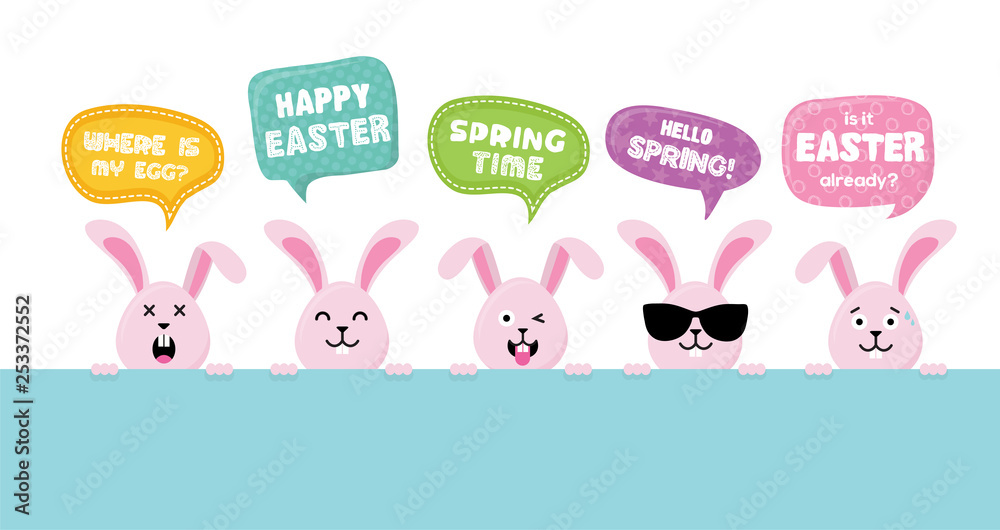 Easter Bunnies with greeting speech bubbles- Vector